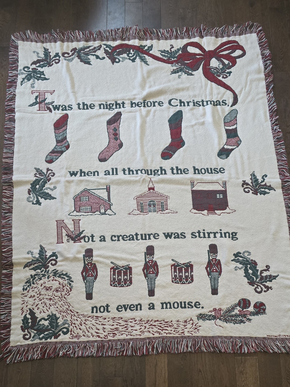 Vintage 1990 Holiday Throw Blanket - Red & Green Christmas Design